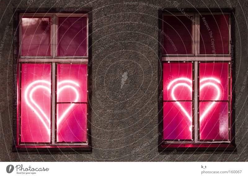 urban love Colour photo Exterior shot Deserted Night Artificial light Light Long exposure Central perspective Facade Window Concrete Sign Heart Illuminate Love