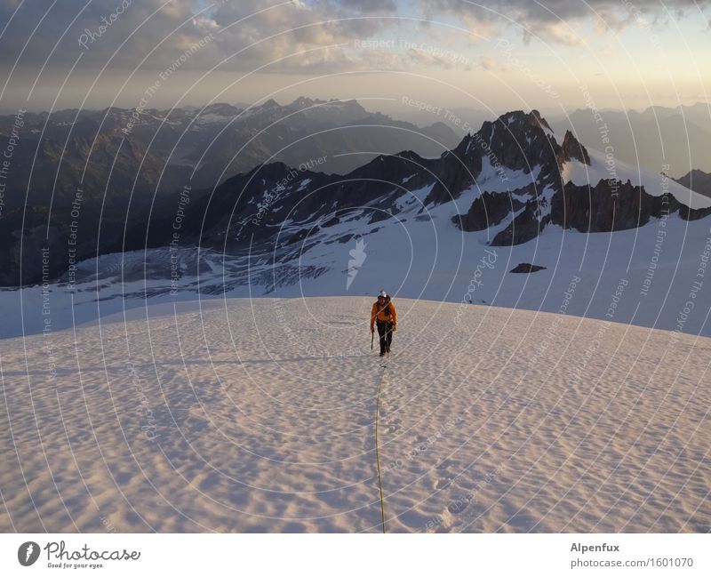 Alone in the white hallway Climbing Mountaineering Clouds Snow Rock Alps Mont Blanc Peak Snowcapped peak Glacier Walking Cold Success Power Willpower Brave