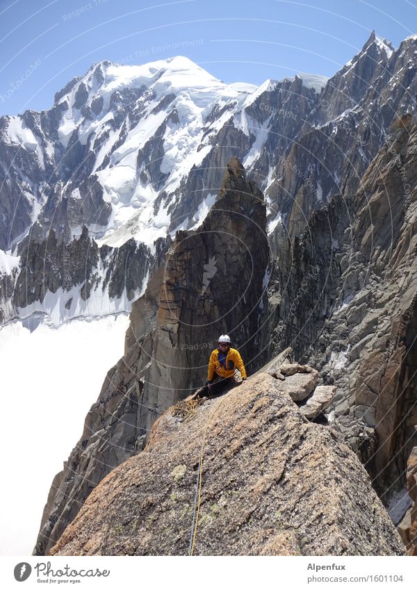 Granite slab I Beautiful weather Snow Mountain Mont Blanc Peak Snowcapped peak Glacier Crouch Athletic Success Gigantic Infinity Above Happy Contentment