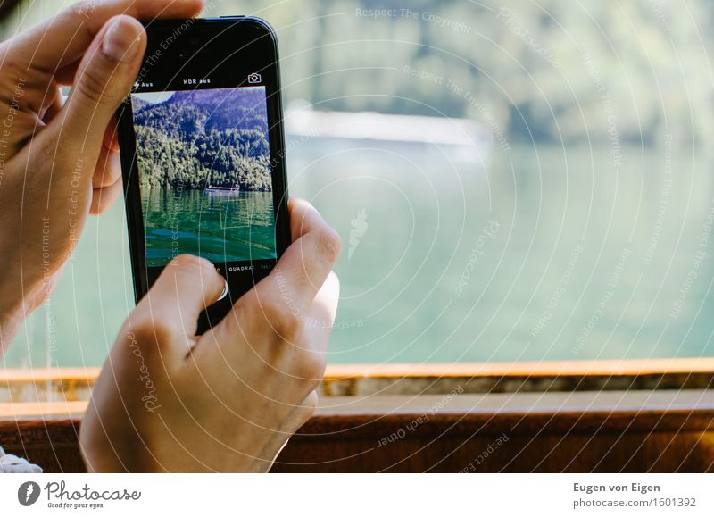 Boat trip on Lake Königssee Trip Far-off places Sightseeing Summer Summer vacation Mountain Human being Feminine Hand Fingers Observe Vacation & Travel