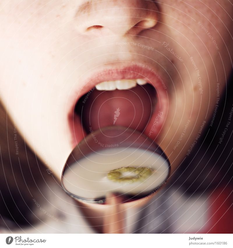 Open your mouth! Food Nutrition Eating Breakfast Child Nose Mouth Teeth Cornflakes Children`s mouth Macro (Extreme close-up) Spoon Cereals Detail of face