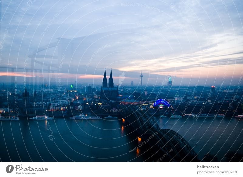 New Year's Eve Cologne Dome Bridge Landscape Rhine River Panorama (View) Light Sky Clouds Blue Reflection Vantage point Town Landmark Monument Rhine bridge