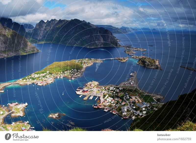 Lofoten outlook Landscape Earth Water Mountain Ocean Island Reine cleaning Reinefjorden Norway Scandinavia Fishing village Famousness Tall Adventure Blue