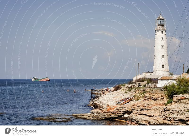 The wreck Human being Head Landscape Sky Horizon Summer Weather Beautiful weather Coast Beach Ocean Navigation Fishing boat Swimming & Bathing Lighthouse Wreck