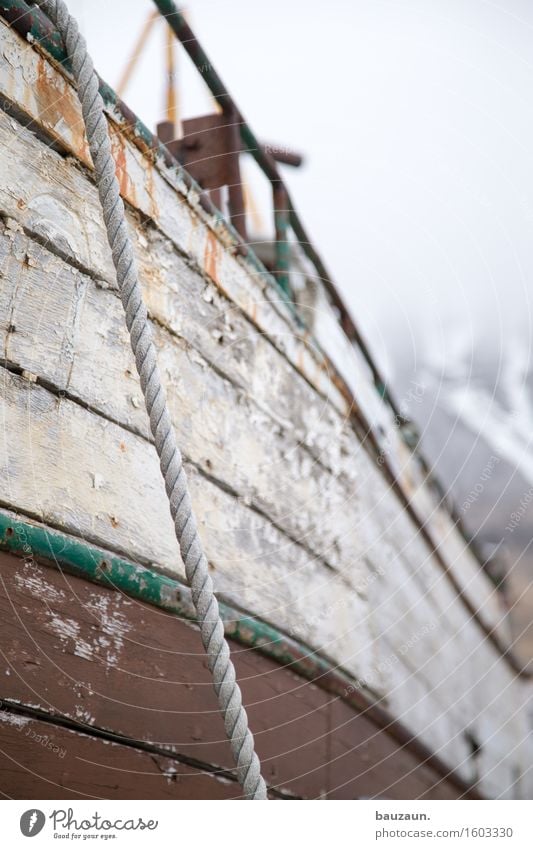 upstairs. Iceland Navigation Boating trip Fishing boat Harbour Rope Wood Line Stripe Senior citizen Logistics Decline Transience Colour photo Subdued colour