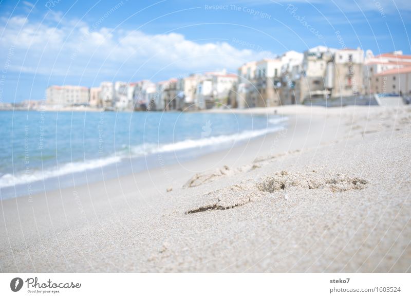 Sicily Waves Coast Beach Port City Building Warmth Blue Vacation & Travel Cefalú Tracks Exterior shot Copy Space left Copy Space top Copy Space middle