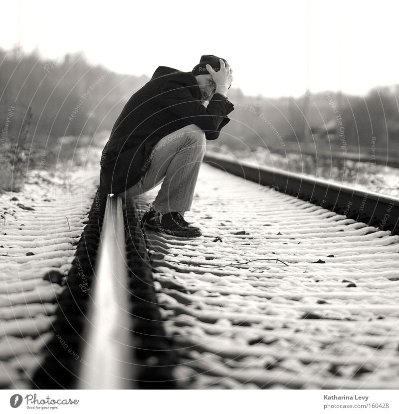 its a long road Black & white photo Exterior shot Copy Space bottom Day Worm's-eye view Looking into the camera Winter Snow Masculine Man Adults 1 Human being