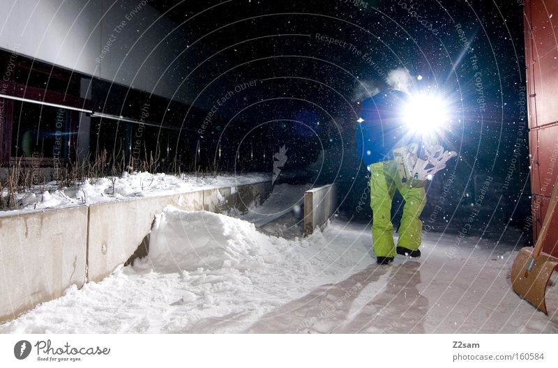 Let's Do it Snowboard Winter Light Night Action Going Human being Back-light Flare Carrying Snowboarder Snowfall Evening Home 1 Exterior shot Colour photo