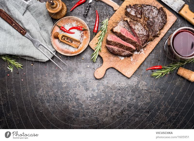 Sliced grill steak on cutting board with wine and spices Food Meat Herbs and spices Nutrition Dinner Picnic Organic produce Beverage Alcoholic drinks Wine