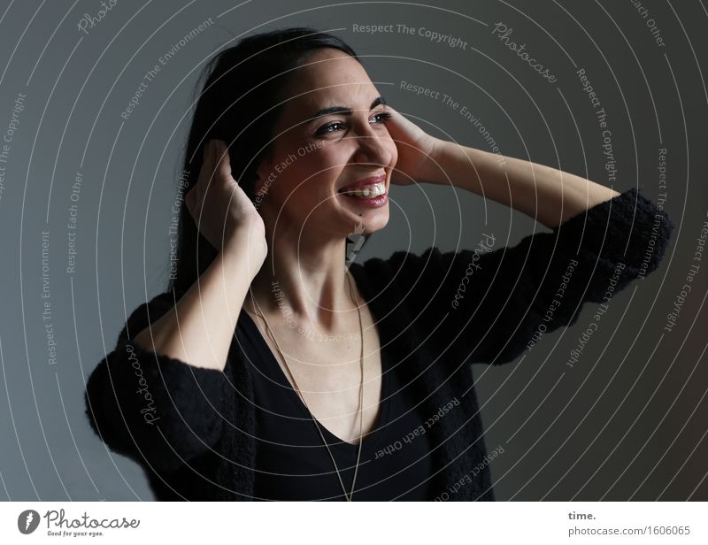 GizzyLovett Feminine 1 Human being T-shirt Black-haired Long-haired Observe Relaxation Laughter Looking Wait Friendliness Happiness Beautiful Happy Contentment