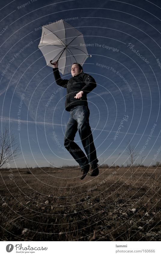 soft landing II Sky Blue Meadow Brown White Man Jump Crash Playing Umbrella