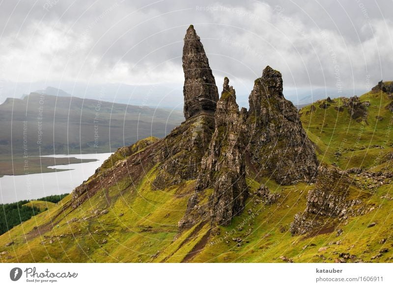 old man of storr Nature Landscape Earth Clouds Bad weather Hill Rock Lake Hiking Tall Point Adventure Loneliness Surrealism Scotland Isle of Skye scooter fish