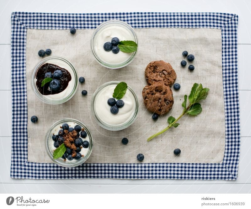 Blueberry dessert in a jar Fruit Dessert Candy Vegetarian diet Fresh Healthy Delicious Natural Mint Colour photo Interior shot Deserted