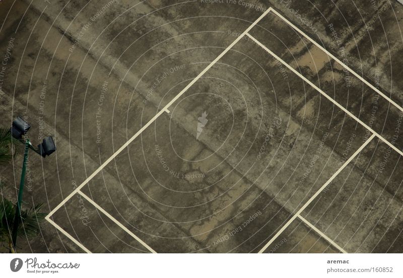 Tough conditions Tennis Tennis court Line Asphalt Sports Playing Concrete Gray Hard court Aerial photograph Derelict Black & white photo Exterior shot