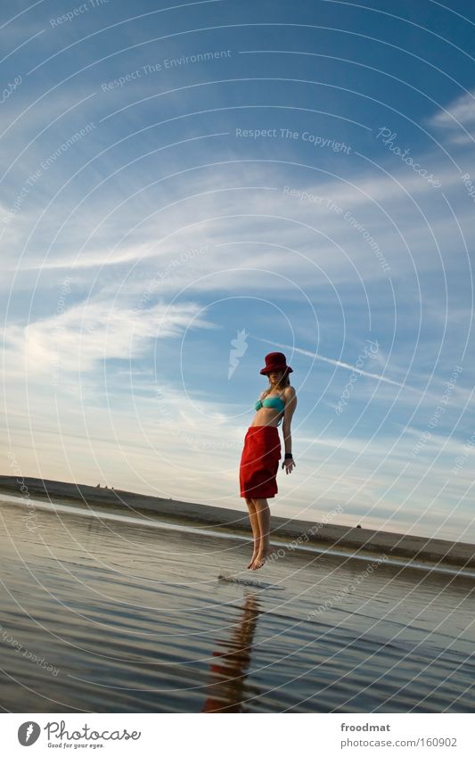 floating state Beach Hover Sand Summer Lake Water Sky Red Woman Landscape Idyll Calm Harmonious Jump Mirror Joy