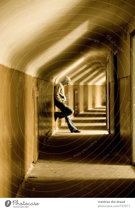 THE MAN IN THE HALLWAY Stand Wait Loneliness Grief Corridor Hallway Light Sunlight Human being Dark Architecture Door Derelict Ruin Distress Man Sadness