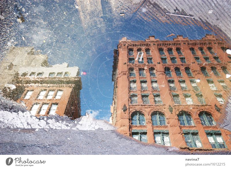 New York brownstone New York City Old town Deserted Facade Curiosity Mirror image Puddle Rain Window Colour photo Exterior shot Day