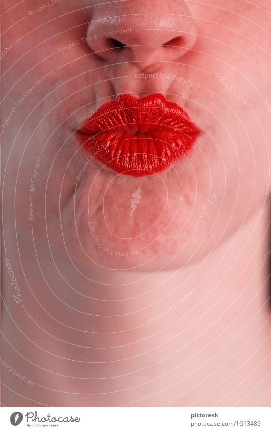 kissing mouthfulness Art Esthetic Close-up Intimacy Kissing Pout Red Nose Face Feminine Beautiful Love Display of affection With love Lips Lipstick Lip care