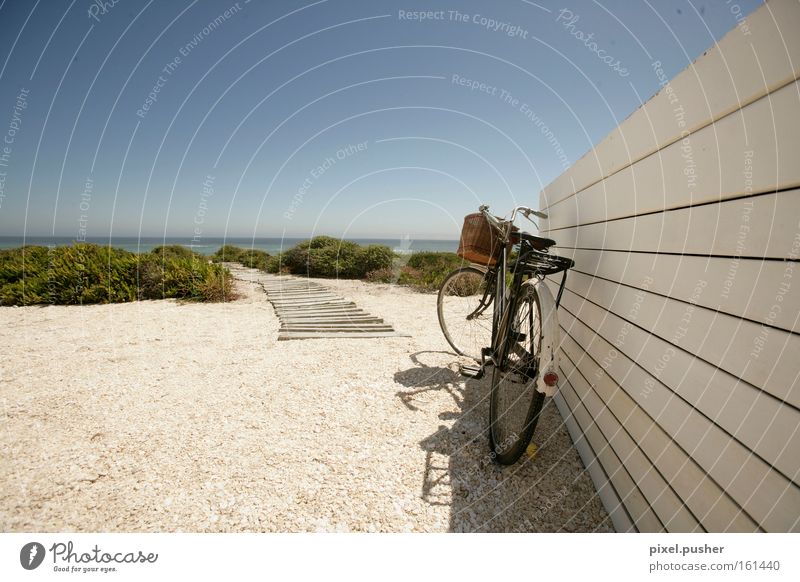 beach bike Bicycle Beach Footbridge Dune Relaxation Vacation & Travel Sand Sky Ocean Blue holiday