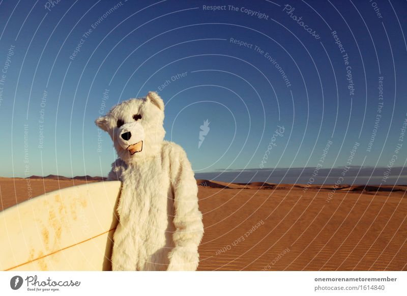 a bear with a board Art Work of art Esthetic Surfing Surfer Surfboard Surf school Desert Summer vacation Absurdity Sand Blue sky Polar Bear Pelt White