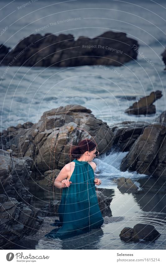 . Human being Feminine Woman Adults 1 Environment Nature Landscape Rock Waves coast Beach Ocean Dream naturally Captured Cage Colour photo Exterior shot