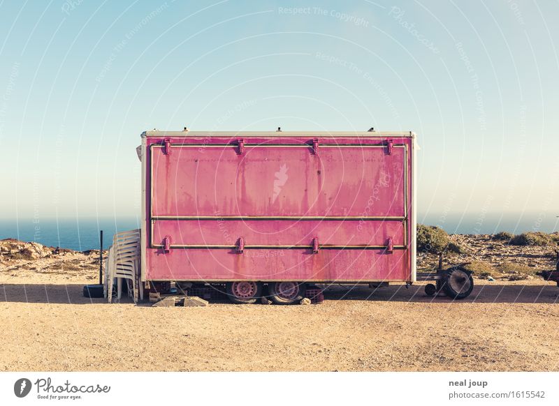 Bar at the end of the world Beach bar Cloudless sky Coast Cliff Portugal Discover Dream Sadness Wait Simple Infinity Retro Trashy Gloomy Pink Anticipation