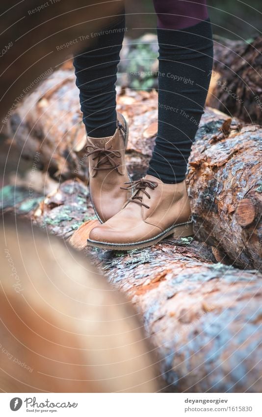 Women's leather casual shoes on wood in the forest Style Summer Woman Adults Feet Fashion Leather Footwear Modern Brown background pair Vantage point Lace boot