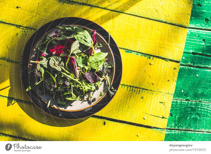 Spring salad of baby spinach, herbs Vegetable Herbs and spices Eating Vegetarian diet Diet Plate Summer Garden Leaf Wood Fresh Green White Salad lettuce Spinach