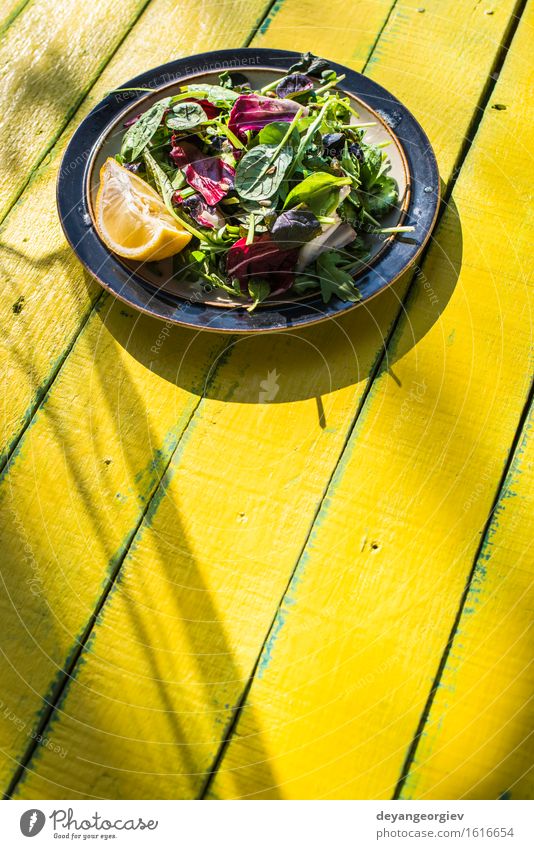 Spring salad of baby spinach, herbs, arugula Vegetable Herbs and spices Eating Vegetarian diet Diet Plate Summer Garden Leaf Wood Fresh Green White Salad