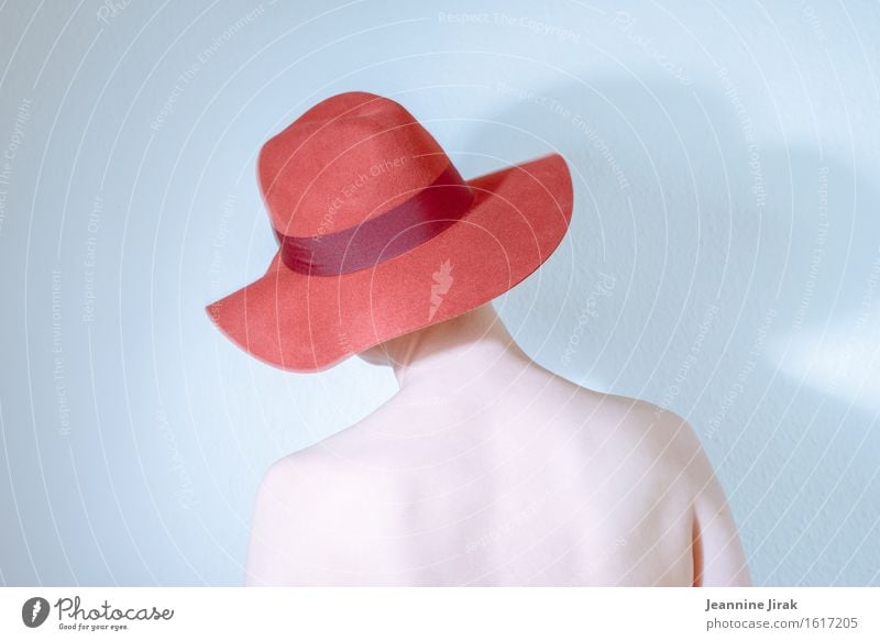 Migraine carries red II Elegant Style Beautiful Body Skin Feminine Head Back 1 Human being Hat Stand Wait Esthetic Naked Red Sadness Disappointment Timidity