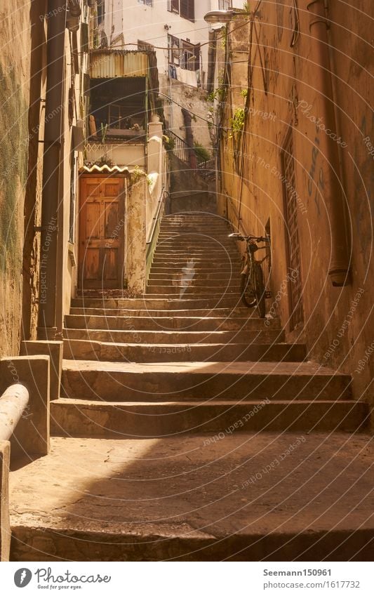 Stairs with bicycle Vacation & Travel Adventure Far-off places City trip Cycling tour Gibraltar Great Britain Europe Capital city Port City Old town Deserted