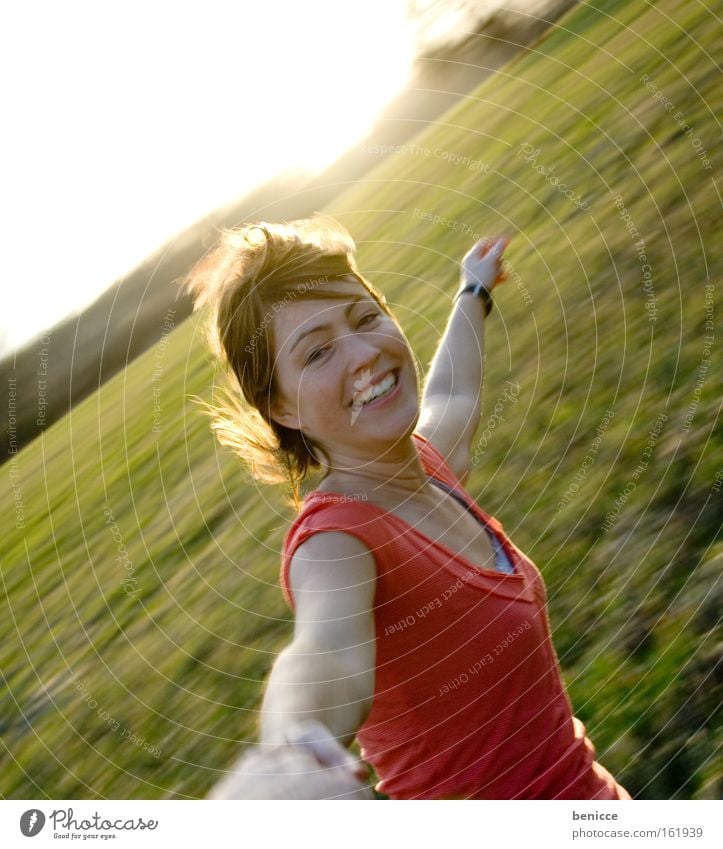 Turn Bebe around! Woman Human being Joy Rotate Wind Summer Movement Giddy Back-light laugh with a smile carousel Exterior shot