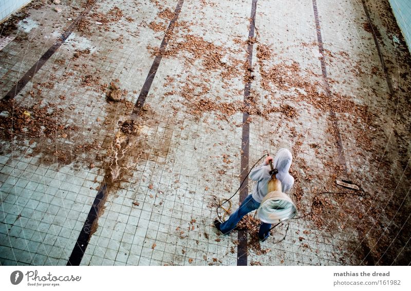 pool boy Indoor swimming pool Old Loneliness Swimming pool Empty Gloomy Posture Sportsperson Dirty Leaf Human being Derelict Transience Non-swimmer Architecture