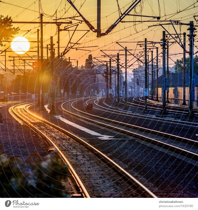 Wanderlust - Sunset over the railway tracks Vacation & Travel Far-off places Train travel Logistics Technology Beautiful weather Cologne Train station