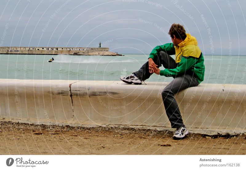 "Look! A boat!" Watercraft Man Ocean Looking Wall (barrier) Weather Spain Human being Waves Sky Sit Legs