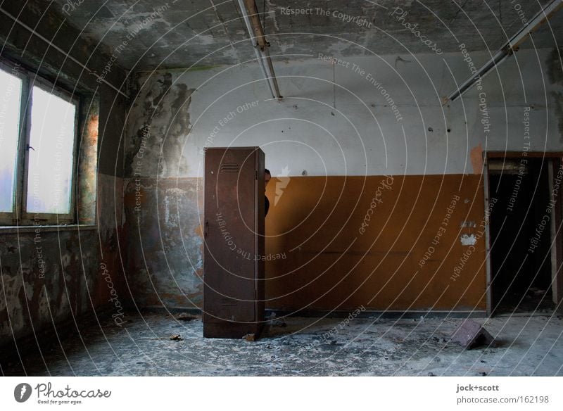 spatial position (hidden) Hide Room Wall (building) Window Rust Observe Dirty Happiness Transience Locker Derelict Vacancy Ravages of time Subdued colour Shadow