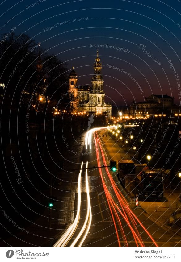 favourite town Dresden Evening Night Transport Old town Hofkirche Lighting Street Road traffic Tracer path Dusk Favorite place Beautiful Landmark Monument