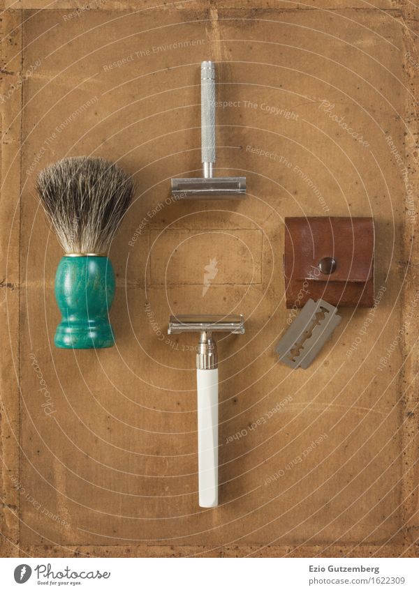 Flat Lay consisting of old shaving things Face Bathroom Hairdresser Facial hair Moustache Designer stubble Beard Razor blade Nostalgia Past flat lay flatlays