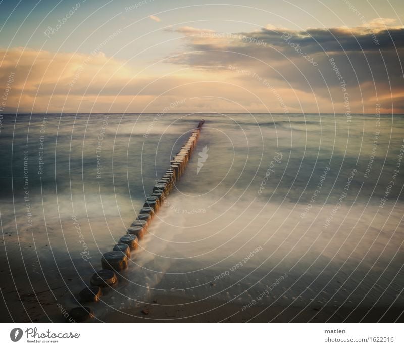 eastward Sky Clouds Horizon Sunrise Sunset Spring Weather Beautiful weather Coast Beach Baltic Sea Deserted Esthetic Blue Brown Orange White Wooden stake Surf