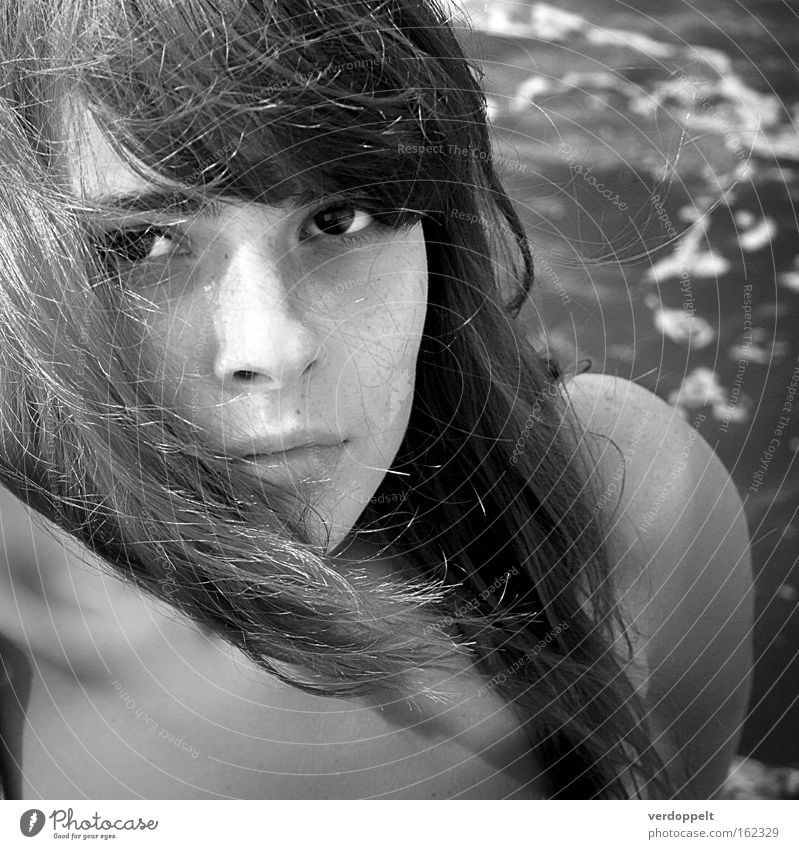 0_17 Woman Black & white photo Ocean black & white Portrait photograph Light Eyes Hair Gale glance look Style Haircut hairstyle