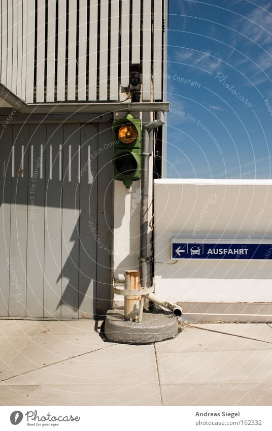 White - the new red Parking garage Highway ramp (exit) Traffic light Transport Signs and labeling Wall (building) Gate Gray Shadow Broken Street sign