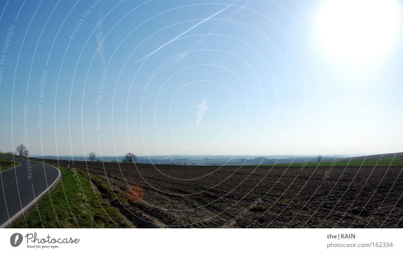 Come on, come on! Sky Sun Field Street Landscape First Transport Agriculture Far-off places Furrow Vapor trail Spring grass verge