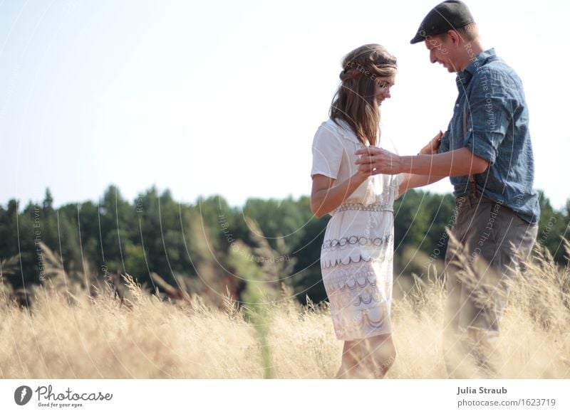 Couple dancing field suspenders Partner Adults 2 Human being 30 - 45 years Dance Summer Beautiful weather Field Forest Shirt Dress Hat Cap Brunette Long-haired