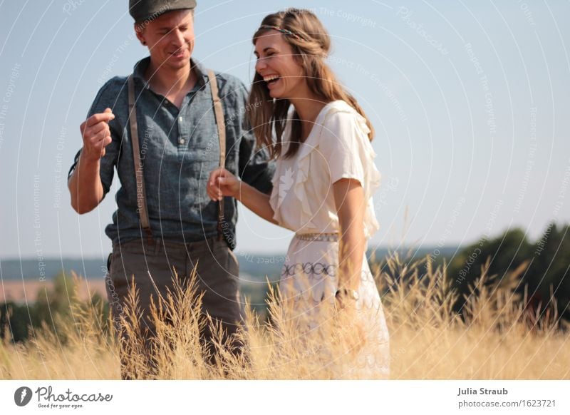 :) Human being Woman Adults Man Couple Partner 2 30 - 45 years Summer Beautiful weather Grass Field Shirt Dress Suspenders Hat Cap Brunette Laughter Joy