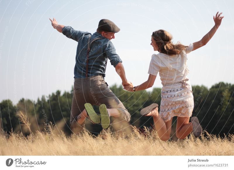 together into happiness Couple Partner Adults Life 2 Human being 30 - 45 years Plant Sun Summer Beautiful weather Warmth Drought Grain field Field Dress Tattoo