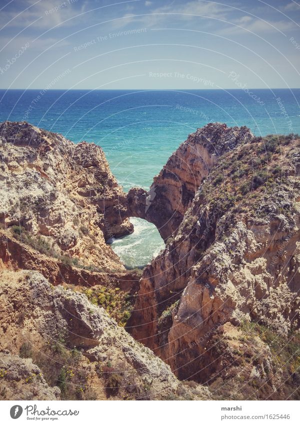 Algarve Nature Landscape Elements Water Sky Sun Summer Climate Beautiful weather Coast Beach Ocean Moody Portugal Rock Lagos Vantage point Far-off places Waves