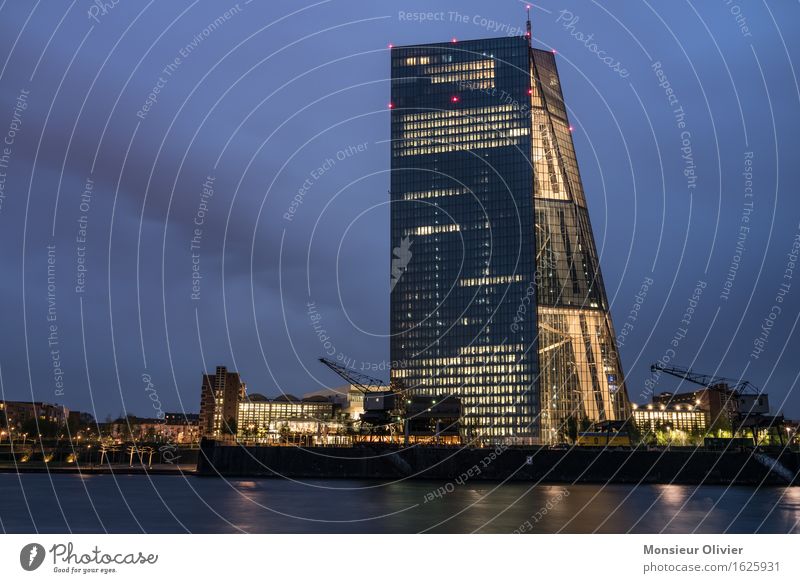 Financial twilight hour, Frankfurt, Germany, 2016 River Main Town Skyline European Central Bank ecb Might Night shot Long exposure Colour photo Exterior shot