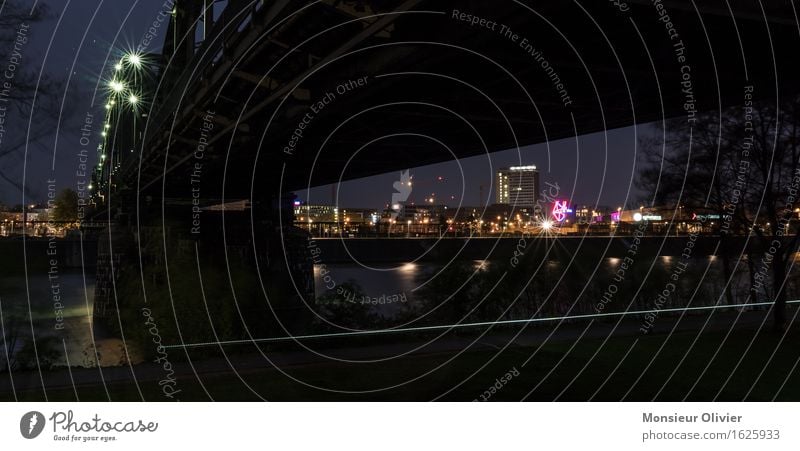 Starlights, Deutschherrnbrücke, Frankfurt, Germany, 2016 Skyline Bridge Dark Pink Black Night shot Main Railway bridge Colour photo Subdued colour Exterior shot