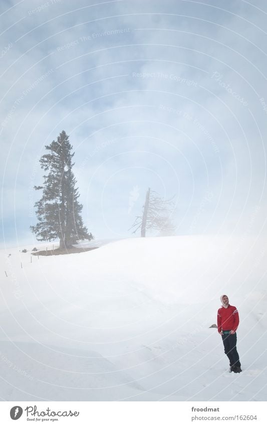 god's silence Fog Snow Mountain Switzerland Hooded (clothing) Gale Cold Winter Tree Red Surrealism Sky Minimal Bleak Gloomy Might