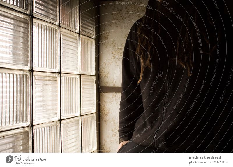 Thoughtful Man Human being Loneliness Meditative Bright Light Contrast Grief Window Glass block Hair and hairstyles Upper body Derelict Distress Transience